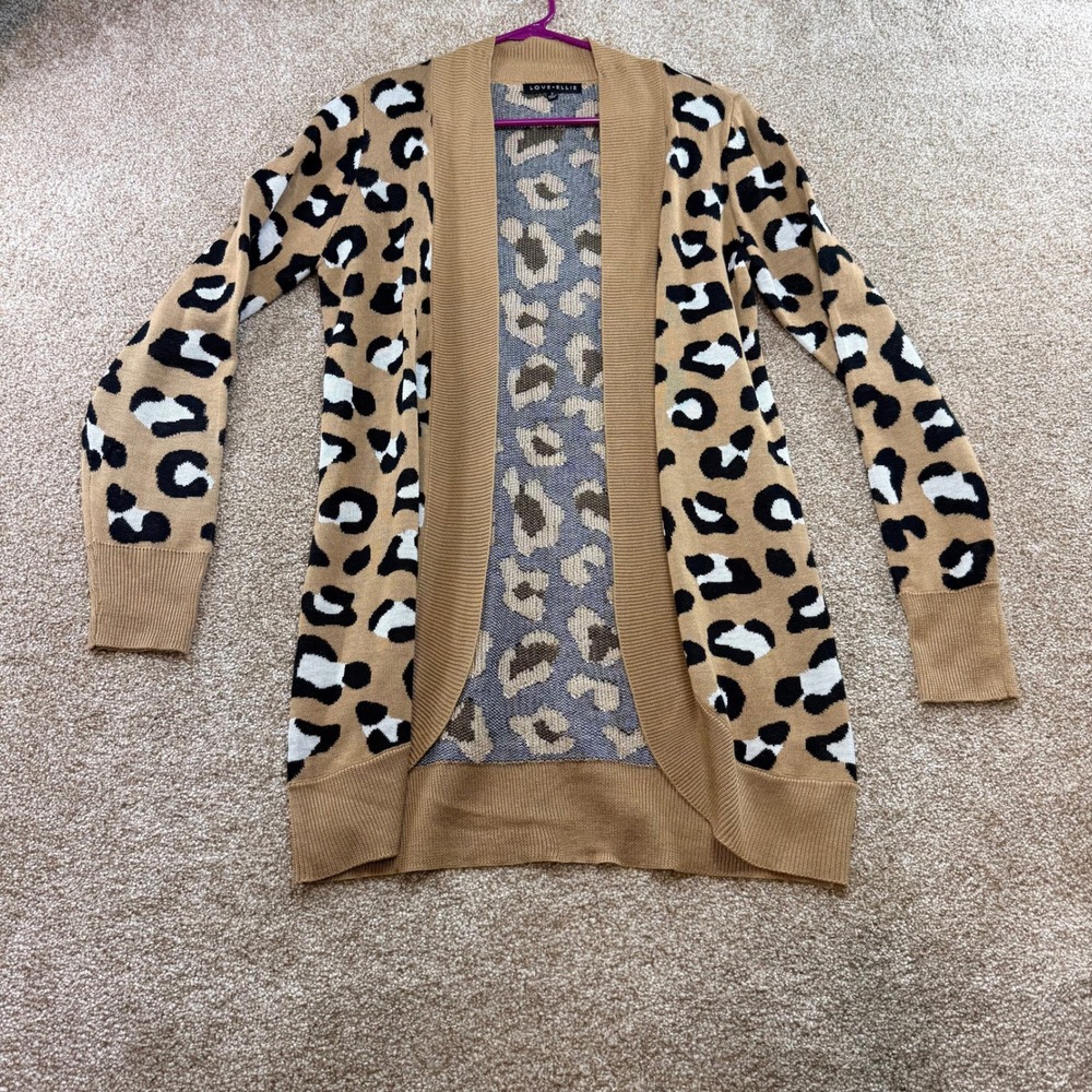 Love Ellie Womens Leopard Print Open Front Longline Cardigan Tan Black White S